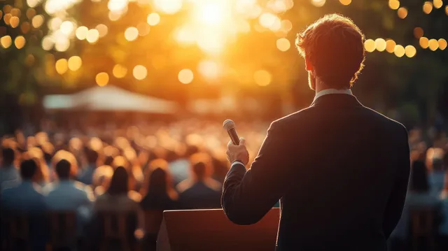 Politician speaking at outdoor rally, microphone in hand, golden-hour crowd behind