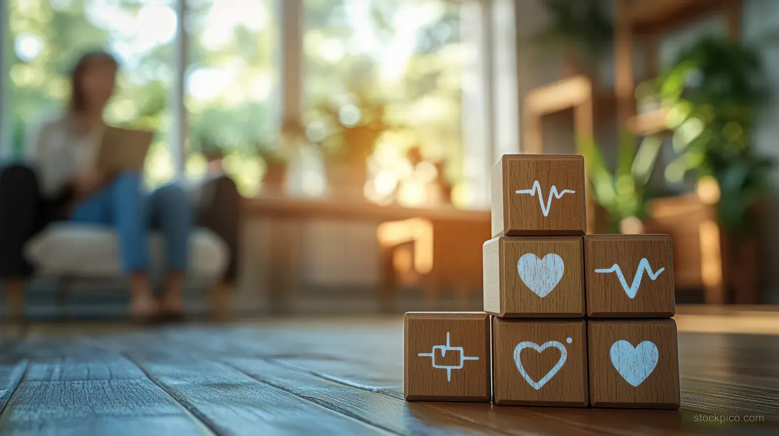 Wooden health symbol blocks in the foreground with a wheelchair and caregiver blurred in a warm care room.