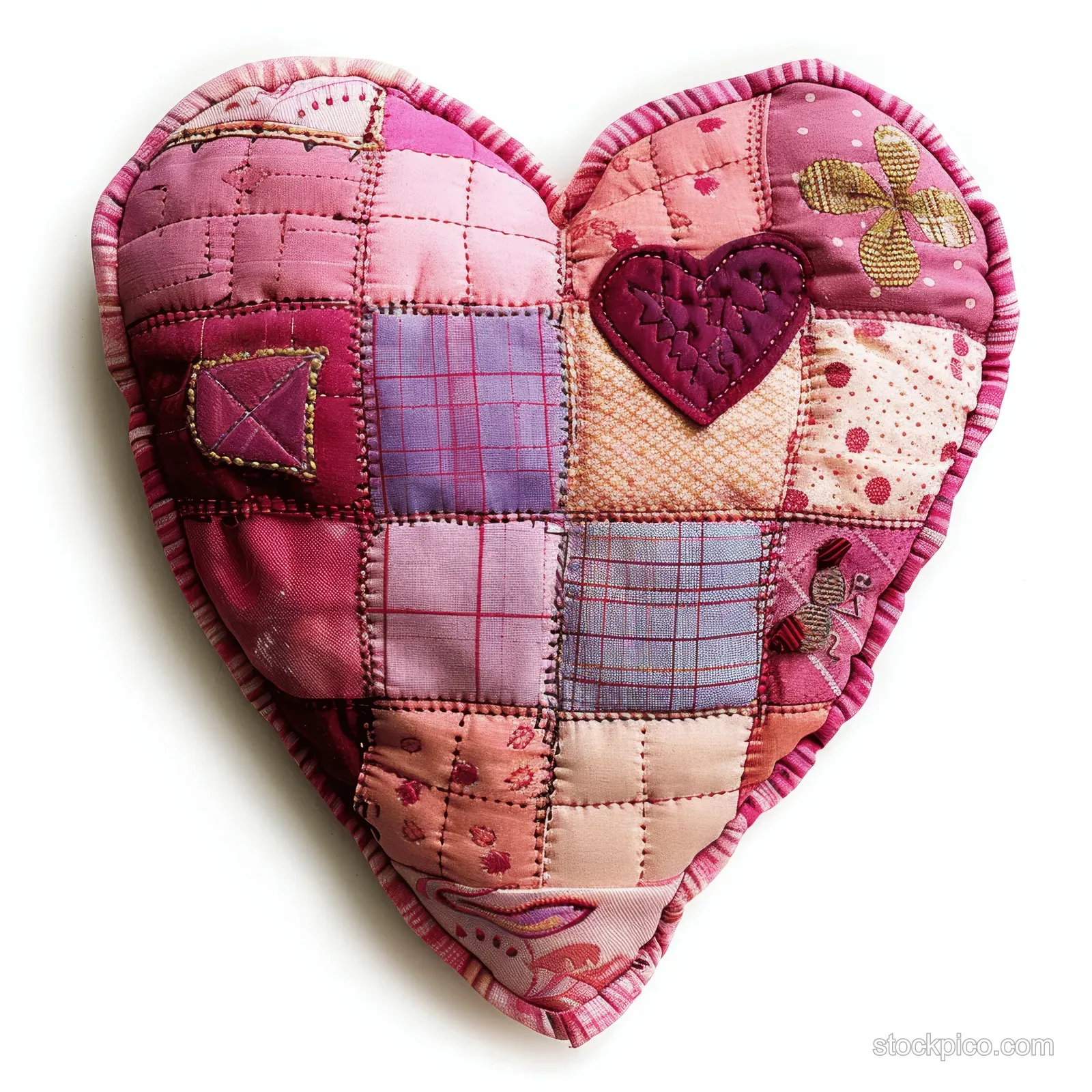 Quilted pink heart patchwork fabric decoration with stitched blocks and small appliqué details isolated on white background.