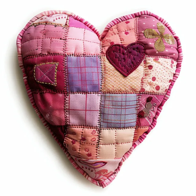 Quilted pink heart patchwork fabric ornament isolated on clean white studio background