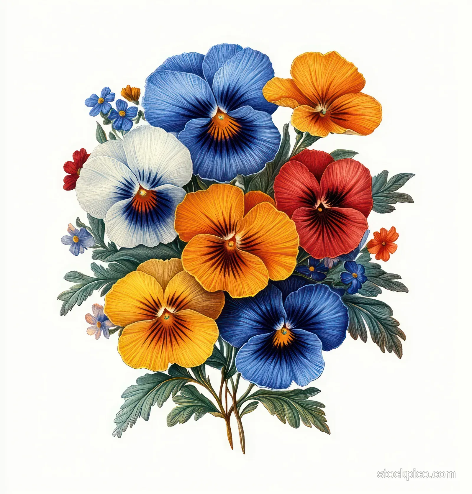 Colorful pansy bouquet with blue, orange, red, and white flowers and green leaves.