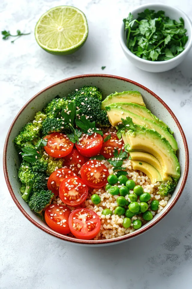 Quinoa vegetable bowl with broccoli, cherry tomatoes, avocado, green peas, sesame seeds, and fresh herbs beside a lime.