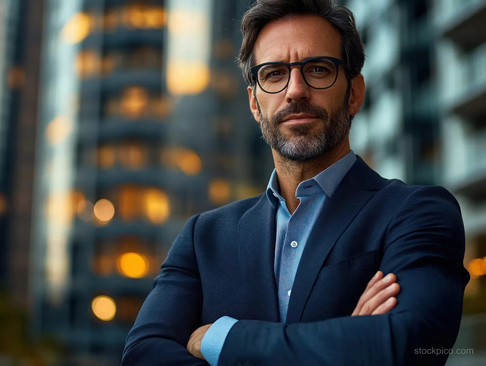 Mature man in glasses and a business suit with crossed arms standing outdoors in a city at dusk.