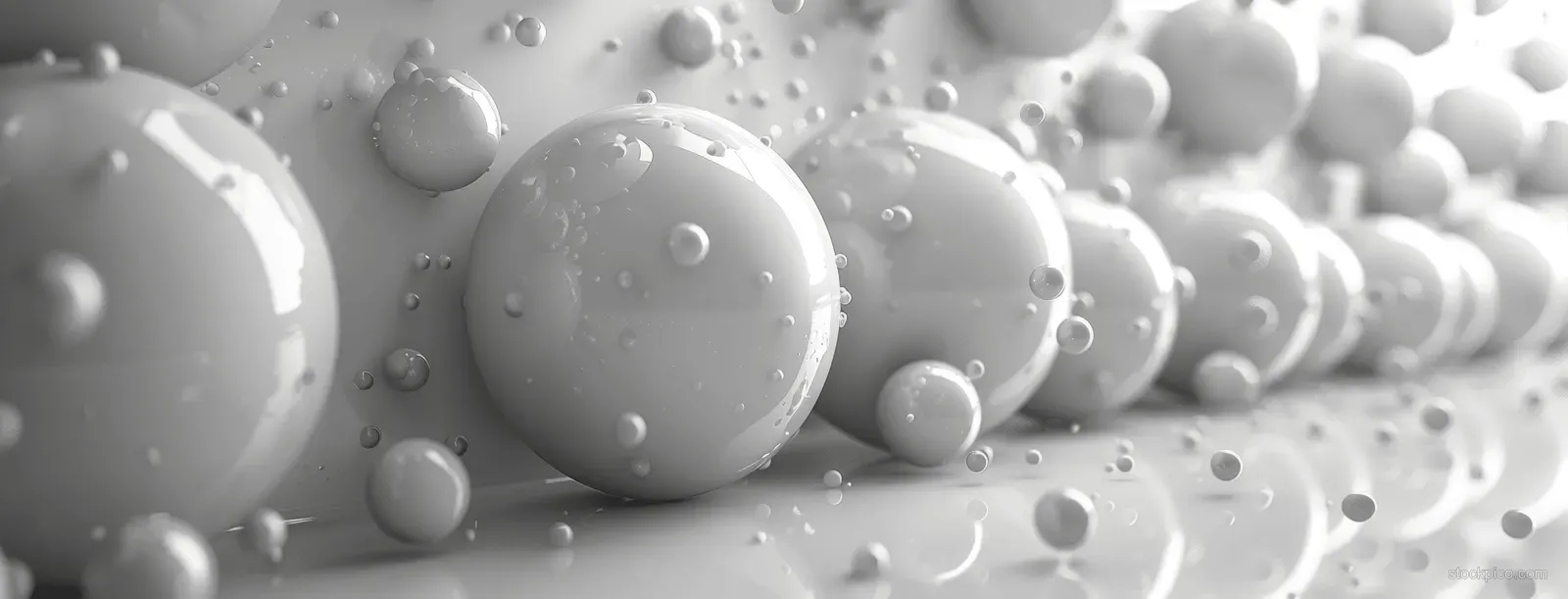 Glossy white 3D spheres surrounded by small water droplets forming an abstract monochrome background.