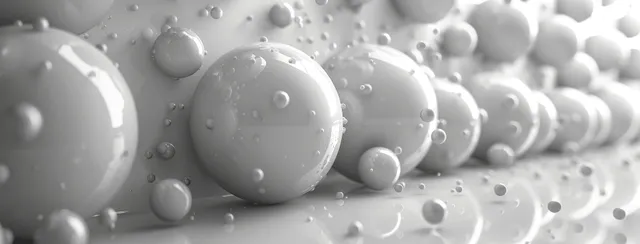 Glossy white 3D spheres surrounded by small water droplets forming an abstract monochrome background.