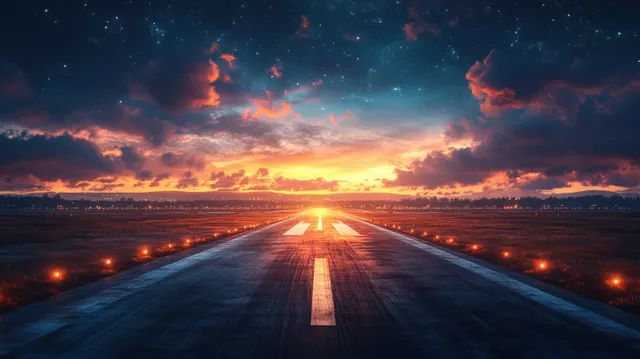 Empty airport runway at night, runway lights glow under starry sky and wispy clouds