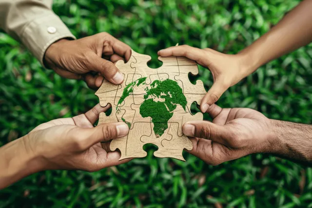 Several hands fit green earth puzzle pieces together on a grassy background.