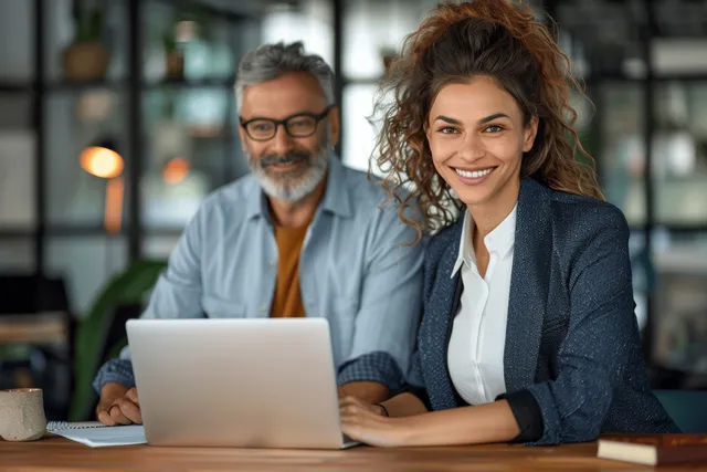 Diverse business colleagues discuss a project on a laptop at a modern office table