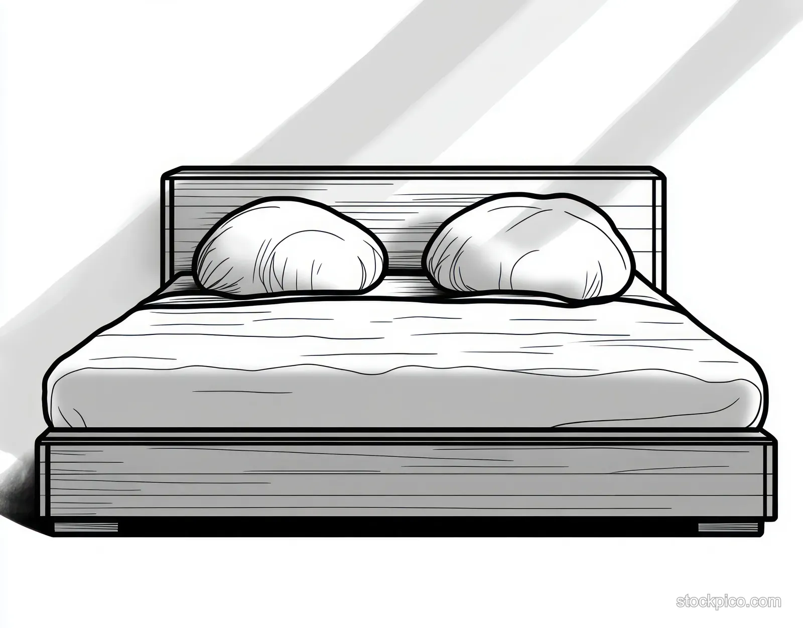 Black and white sketch of a simple wooden bed with two pillows and a neatly made mattress.