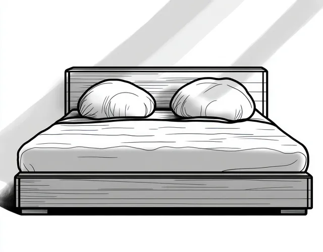 Black and white line sketch of a wooden bed with two pillows and neat mattress