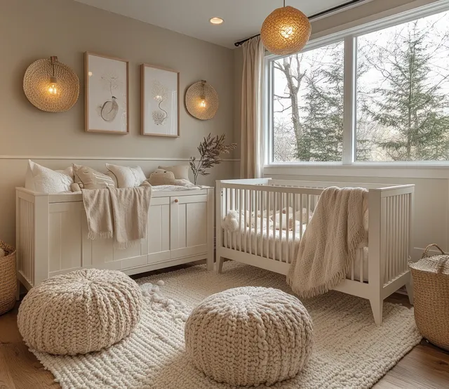 Scandinavian nursery interior with a white crib, beige blankets, plush poufs, and sunlit large windows.