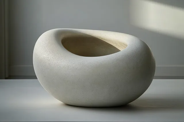A hollow rounded stone sculpture is placed on a simple surface under soft natural light, showing subtle texture and shadow.