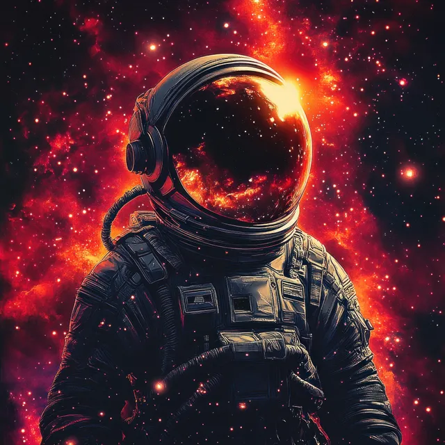 Astronaut floating in a red and orange nebula with glowing stars and a reflective helmet visor.