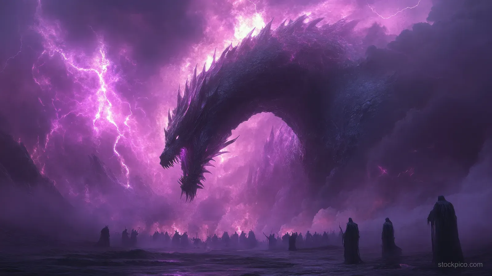 A skeletal dragon hovers over robed figures in a foggy landscape with purple lightning.