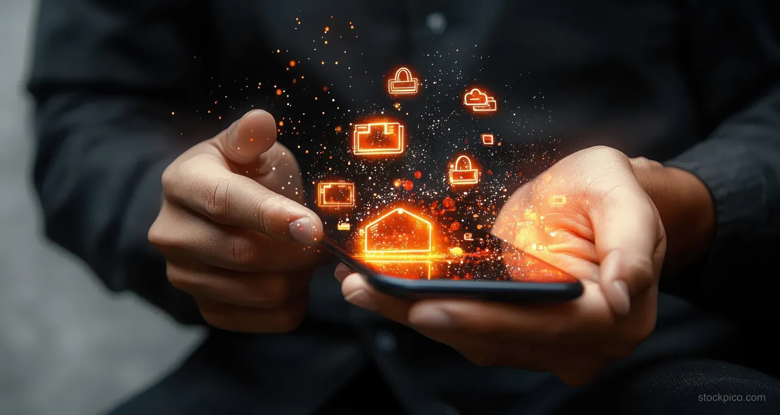 Hands hold a smartphone surrounded by glowing orange icons for shopping, cloud services, security, and home technology.