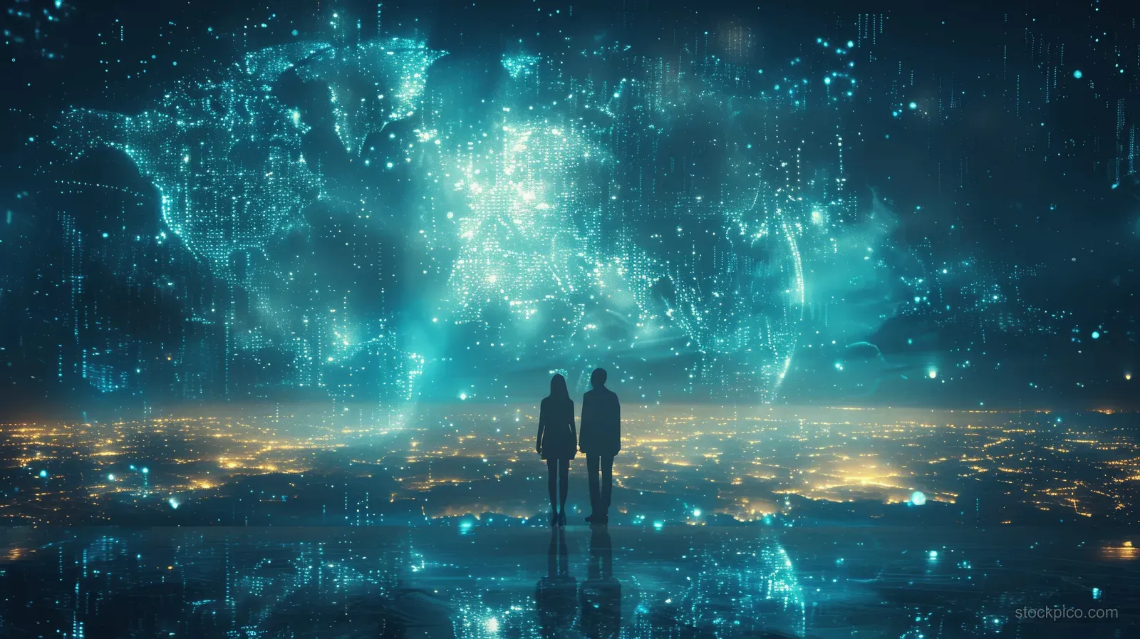 Silhouetted business people stand before a glowing globe with floating analytics over a futuristic city skyline.