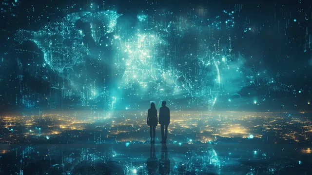 Business silhouettes facing glowing globe of data streams over a futuristic city skyline