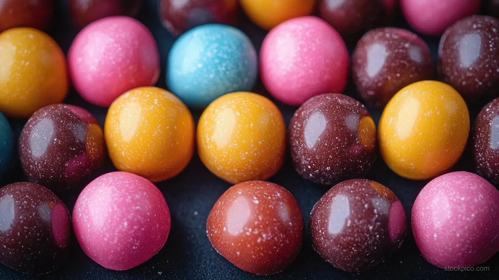 Colorful candy-coated chocolate balls with glossy speckled surfaces piled closely together in a close-up view.