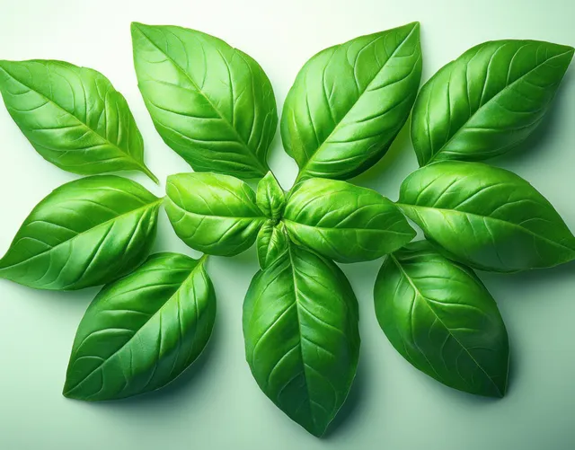Fresh basil leaves arranged in a star shape on a light background, showing crisp veins and smooth texture.