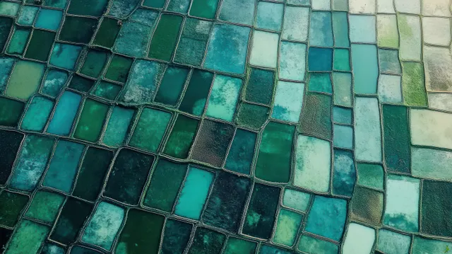 Close-up of green and blue mosaic tiles with rectangular and square shapes forming a geometric pattern.