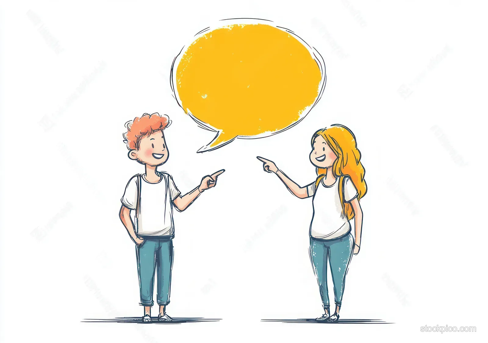 A young couple points toward a speech bubble in a minimalist pastel line art illustration.
