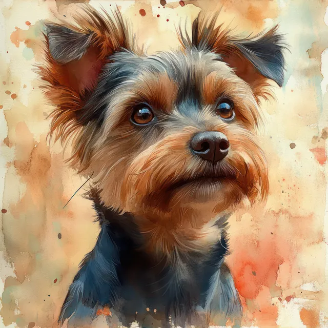 Watercolor portrait of a small puppy dog with soft pastel splashes in the background.