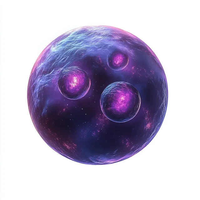 Glowing purple spherical cell with internal nucleoli, sci-fi microscopic 3D rendering background