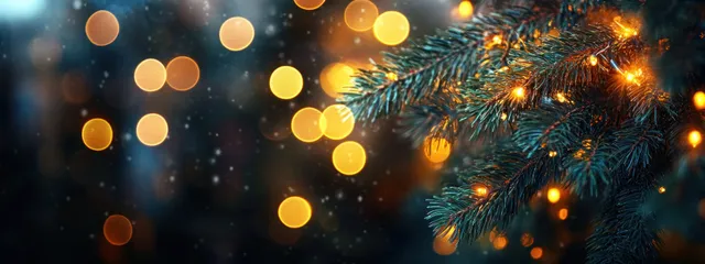 Evergreen branches decorated with warm fairy lights against a softly blurred evening city background.