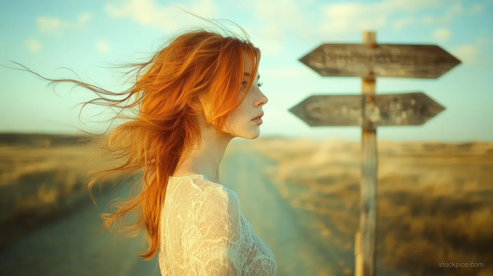 Profile of a red-haired woman standing near a wooden signpost on a rural path during golden hour.