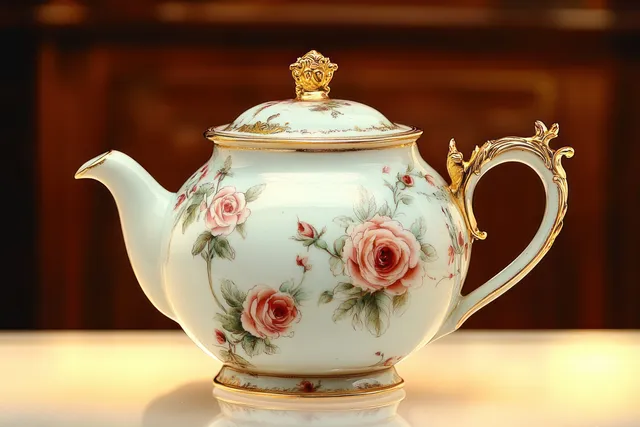 Warmly lit porcelain teapot with pink rose floral patterns and gold accents on lid and handle.