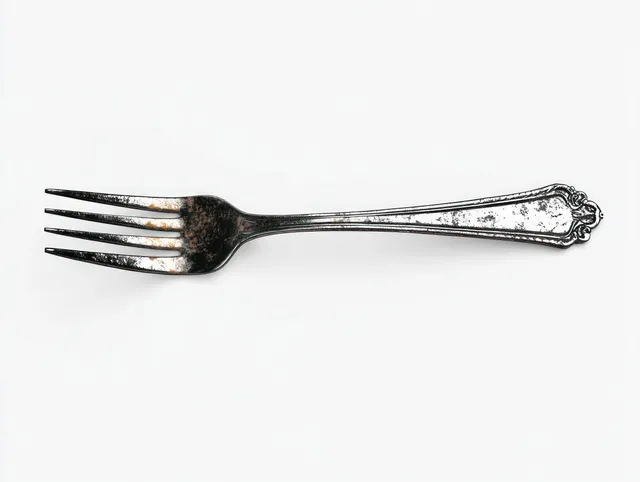 Tarnished metal fork with ornate handle isolated on a clean white background.