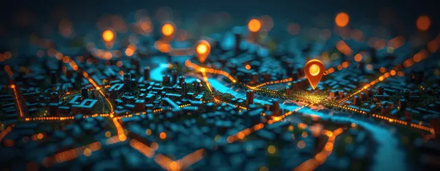 A smartphone screen shows a glowing smart city transit map with GPS pins and route lines over a blurred street network.