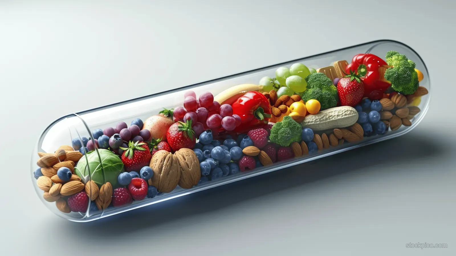 A transparent capsule filled with colorful fruits and nuts sits on a clean light background.