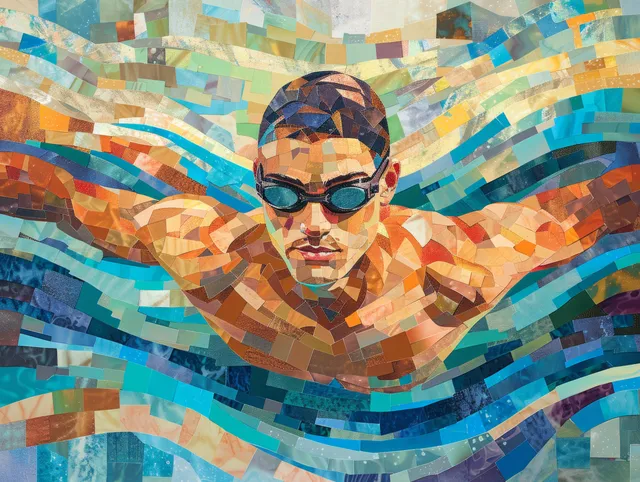 A male swimmer is shown mid-breaststroke in a pool with vibrant mosaic wave patterns around him.