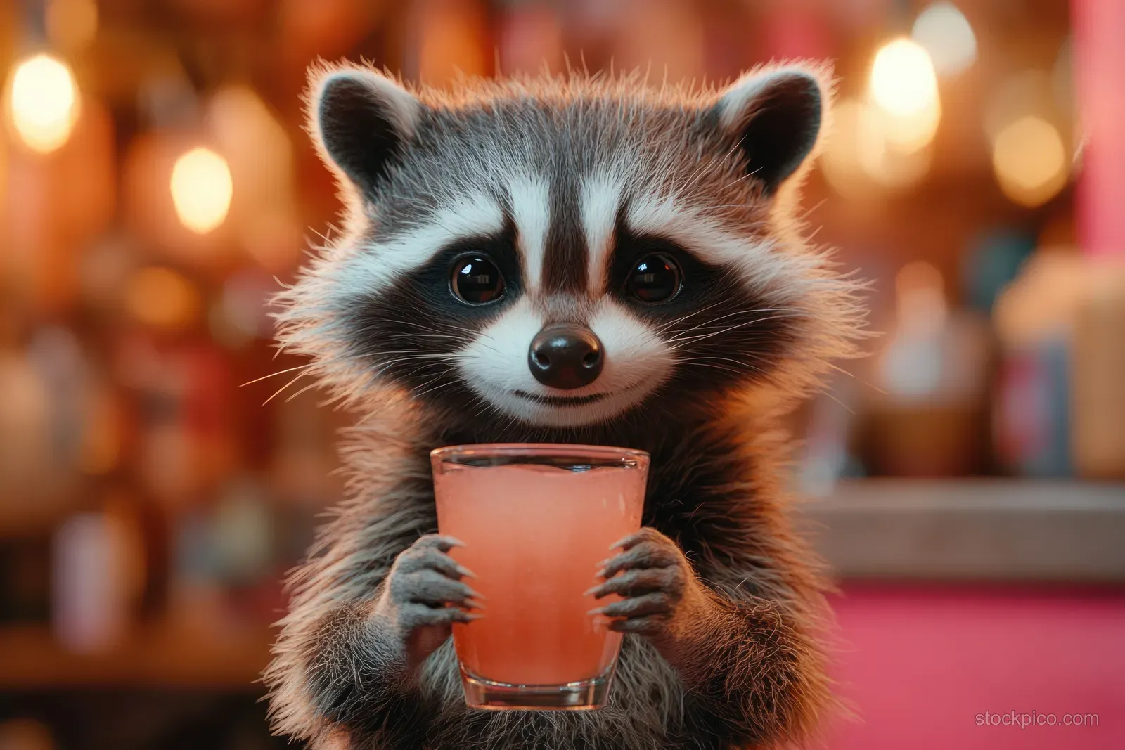A playful raccoon in sunglasses holds a pink cocktail in a crystal glass against a vibrant pink background with warm bokeh lighting.
