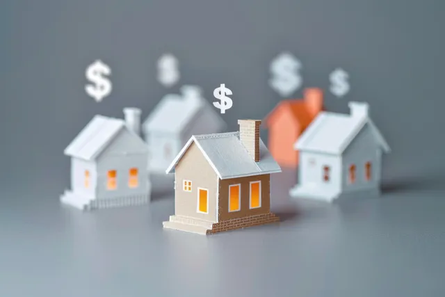 Mini paper model houses with glowing windows as dollar signs float above, property value concept