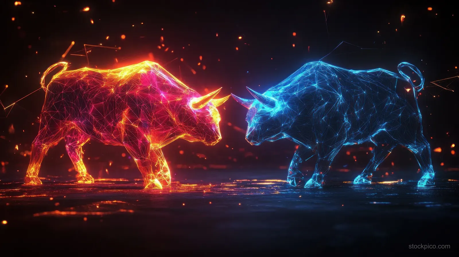 Two glowing digital bull wireframes face each other, emitting orange and blue energy with sparks on a dark background.