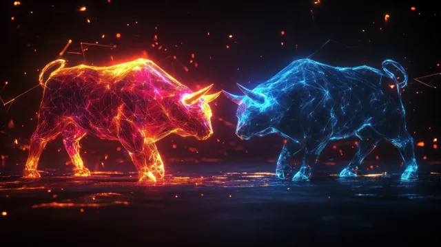 Two glowing digital bull wireframes charging each other with orange and blue energy