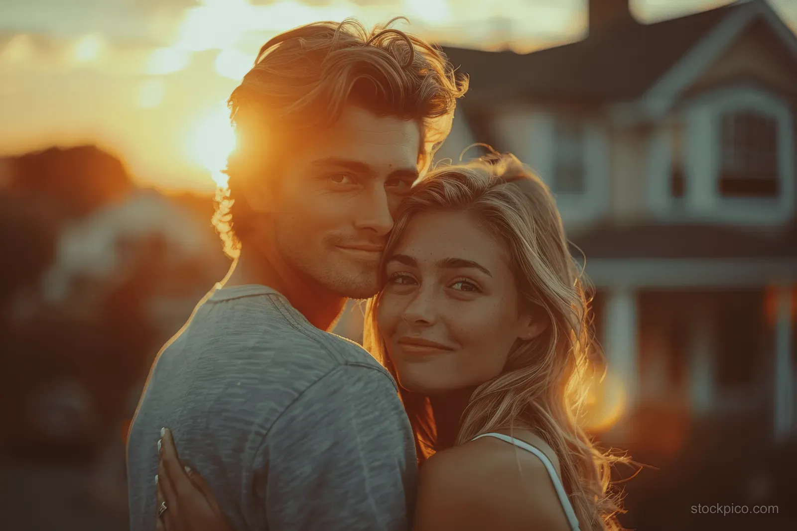 A young couple hugs in front of a modern house during sunset, seen from behind.
