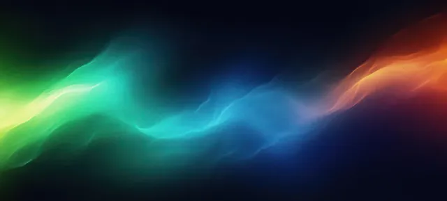 Abstract blue, green, and orange light waves glowing across a dark background.
