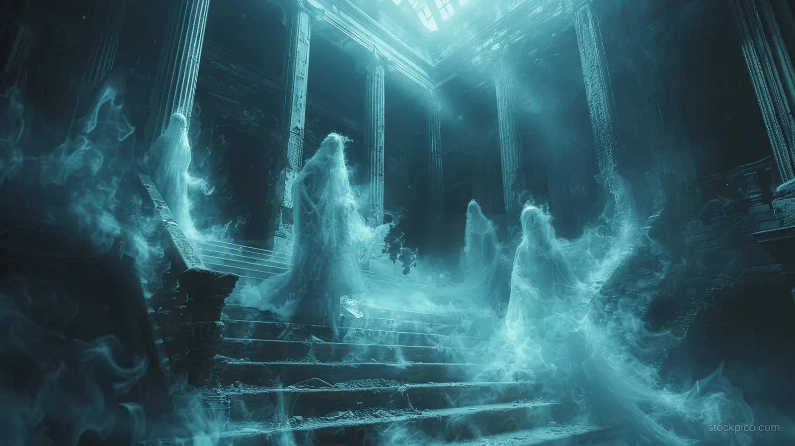 Glowing ghostly figures float up a dark haunted mansion staircase amid blue misty light.