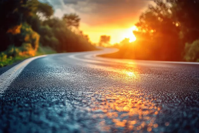 A winding asphalt road curves into a glowing sunset with sun flare and silhouetted trees.