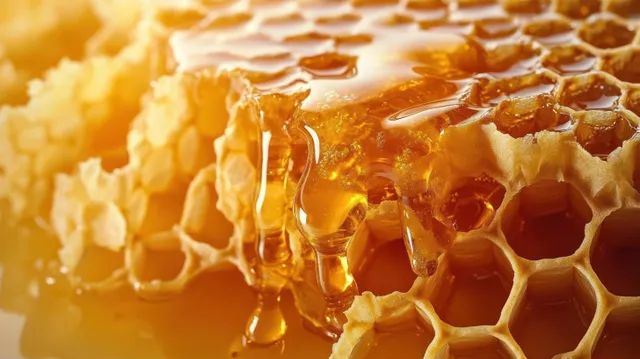 Golden honey drips from a hexagonal honeycomb cell under warm sunlight.