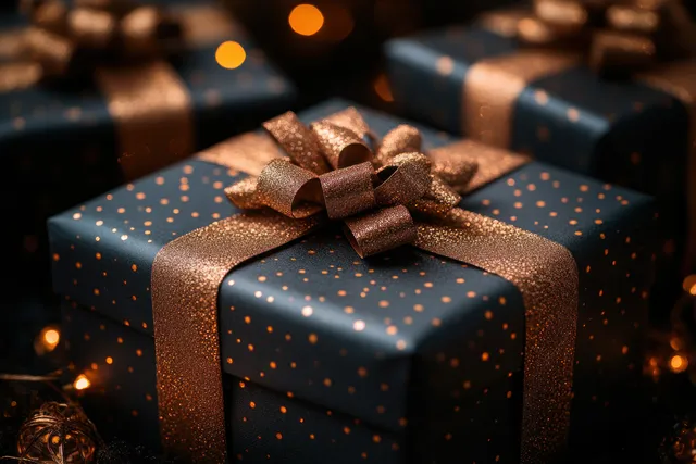 Black gift box with gold ribbon and warm bokeh lights on festive table