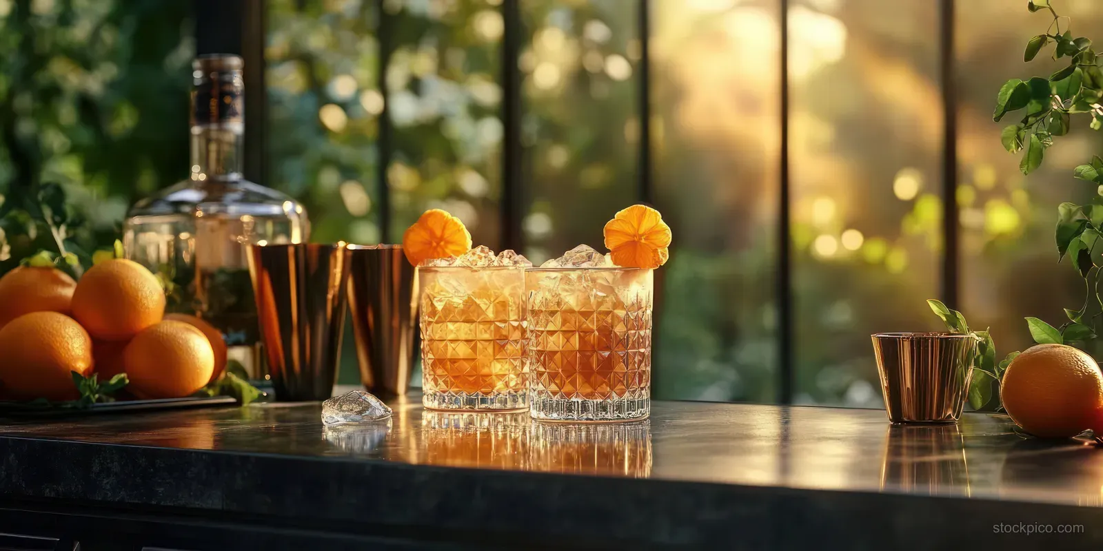 Two crystal glasses of iced orange cocktails with dried orange slices on a reflective outdoor bar counter beside fresh oranges.