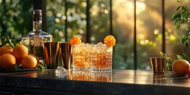 Two crystal glasses of iced orange cocktails with dried orange slices on a reflective outdoor bar counter beside fresh oranges.