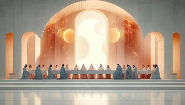 Minimalist group of seated figures around a central table beneath a glowing arched doorway in pastel geometric tones.