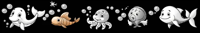 Cute sea animals coloring page with crab lobster dolphin turtle seahorse fish in thick outlines