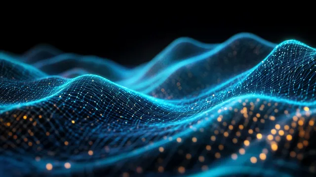 Glowing blue wave over a cyber mesh with scattered orange data points in motion