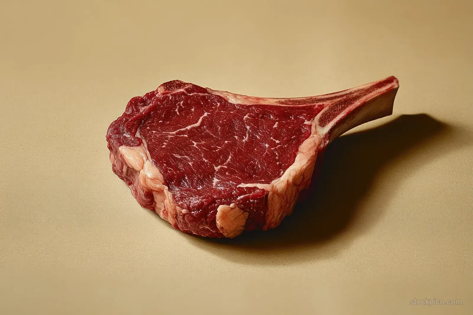 Raw tomahawk steak with visible bone and marbled fat resting on a beige surface.